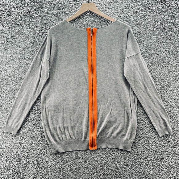 Vertical Design Sweater Gray Knit Long Sleeve Orange Back Zip - Picture 7 of 9